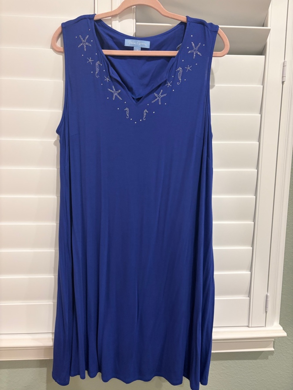 Blue Sleeveless Midi Dress with Embellished V-Neck